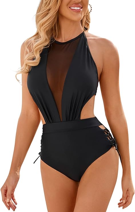 Women's Plunge Mesh Cutout One Piece Swimsuit Side Tie Monokini Bathing Suit (Black S)