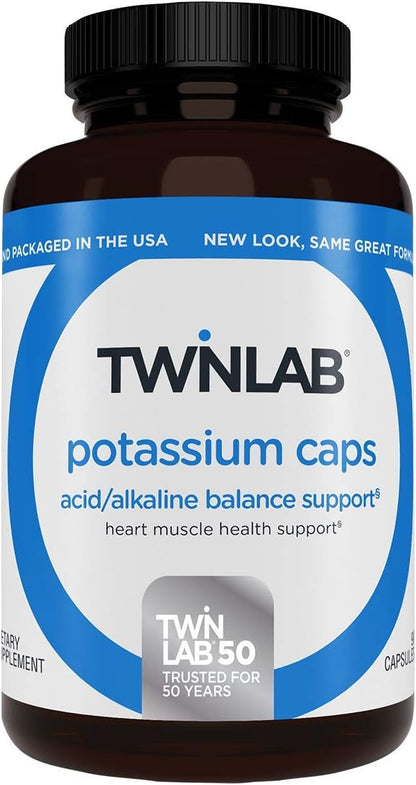 Twinlab Potassium Caps 99mg - Electrolyte Supplement for Muscle, Heart & Tissue Health (90 or 180 Caps)