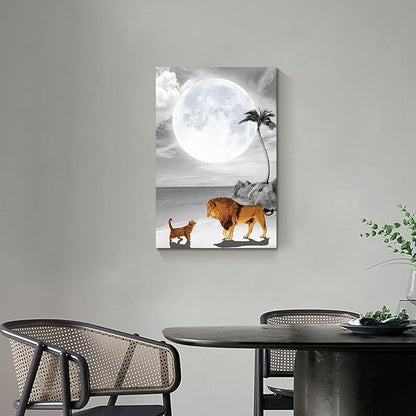 Ocean Moon Cat and Lion Canvas 1-Panel Wall Art Decor - Stretched and Framed Ready to Hang (20"W X 28"H)