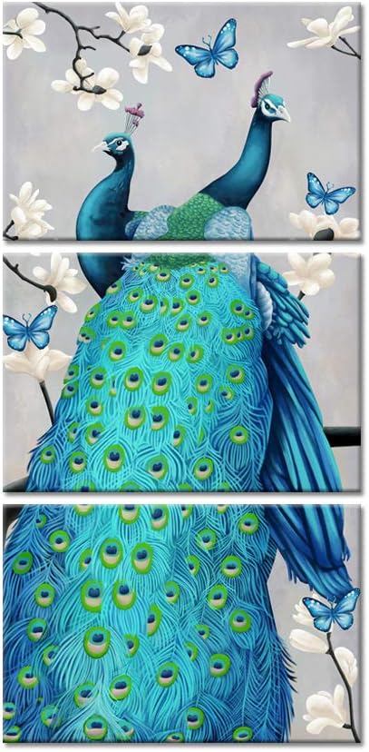 Blue Peacock Canvas 3-Panel Wall Art Decor - Stretched and Framed Ready to Hang (48"H x 24"W)