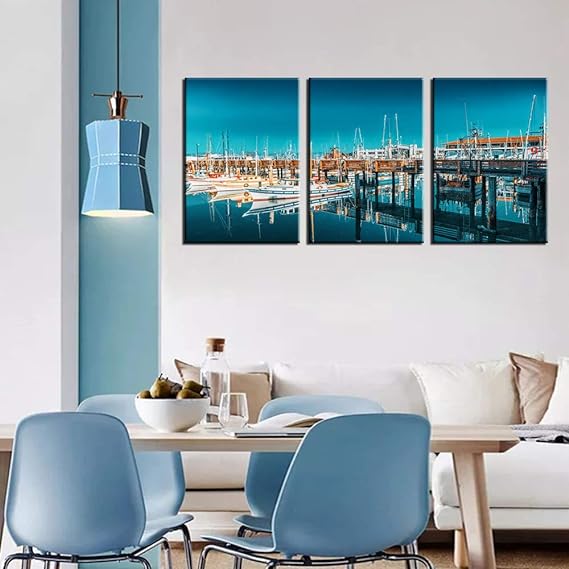 Fisherman`s Wharf Teal Seaside Canvas 3-Panel Wall Art Decor - Stretched and Framed Ready to Hang (42''W x 20''H)