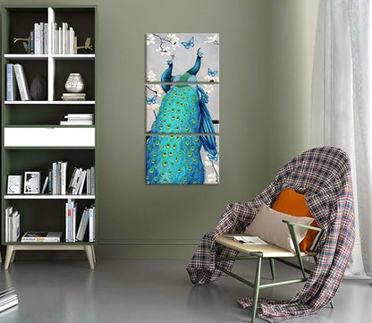 Peacock Canvas 3-Panel Wall Art Decor - Stretched and Framed Ready to Hang (48"H x 24"W)