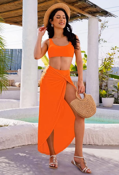Women's High Waisted 3 Piece Bikini Swimsuit Set with Swimwear Cover Up Beach Skirt (Orange M)