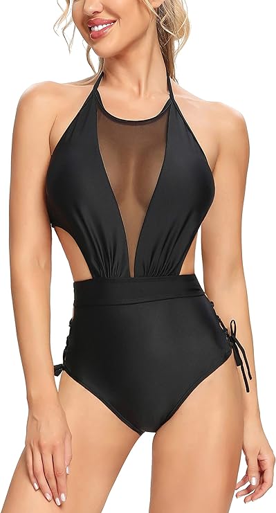 Women's Plunge Mesh Cutout One Piece Swimsuit Side Tie Monokini Bathing Suit (Black S)