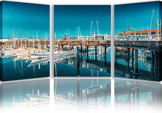 Fisherman`s Wharf Teal Seaside Canvas 3-Panel Wall Art Decor - Stretched and Framed Ready to Hang (42''W x 20''H)