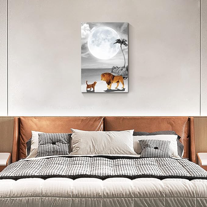 Ocean Moon Cat and Lion Canvas 1-Panel Wall Art Decor - Stretched and Framed Ready to Hang (20"W X 28"H)