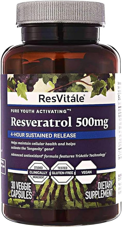 Resvitále Resveratrol 500 mg, Antioxidant Supplement for Heart and Cellular Health, Supports Healthy Aging and Immune System, Paleo, Keto, 30 Capsules (30 Servings)