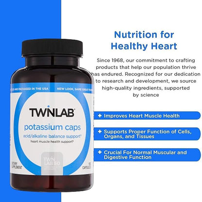 Twinlab Potassium Caps 99mg - Electrolyte Supplement for Muscle, Heart & Tissue Health (90 or 180 Caps)