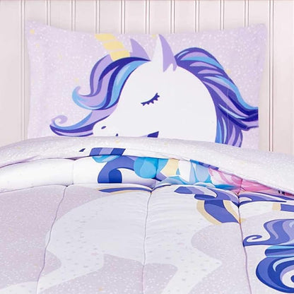 Unicorn Bedding 2-Piece Set | 1 Twin Reversible Comforter & 1 Standard Pillowcase | Made of 100% Gently Brushed Microfiber Polyester | Soft, Smooth & Durable | Ideal for Teens | Light Purple