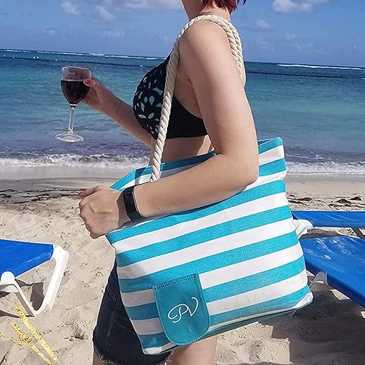Beach Tote Bag - Canvas Drink Purse with Hidden Spout and Dispenser Flask for Drink Lovers - Holds and Pours 50oz of a Beverage - Turquoise/White