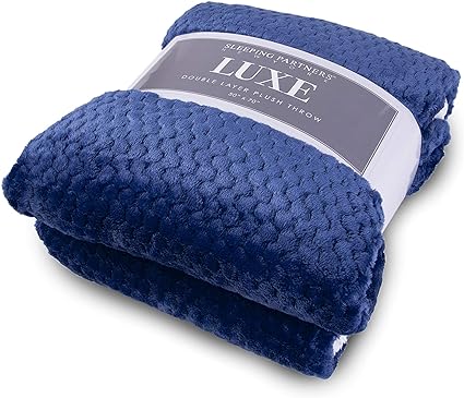 Double Layer Popcorn & Sherpa Reversible Super Soft  Throw Blanket, Navy Blue and White (Large)