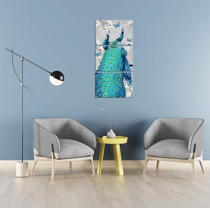 Peacock Canvas 3-Panel Wall Art Decor - Stretched and Framed Ready to Hang (48"H x 24"W)