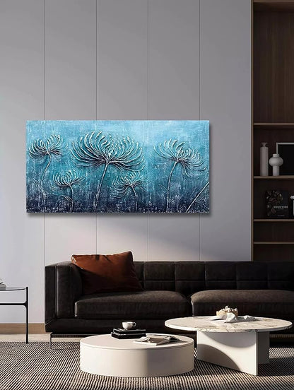 Turquoise Flowers Modern Abstract 3D Oil Hand Painted On Canvas Wall Art Decor (24 X 48 Inch)