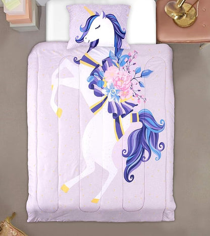 Unicorn Bedding 2-Piece Set | 1 Twin Reversible Comforter & 1 Standard Pillowcase | Made of 100% Gently Brushed Microfiber Polyester | Soft, Smooth & Durable | Ideal for Teens | Light Purple