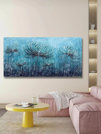 Turquoise Flowers Modern Abstract 3D Oil Hand Painted On Canvas Wall Art Decor (24 X 48 Inch)