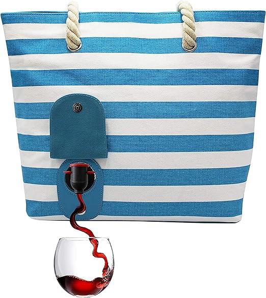 Beach Tote Bag - Canvas Drink Purse with Hidden Spout and Dispenser Flask for Drink Lovers - Holds and Pours 50oz of a Beverage - Turquoise/White