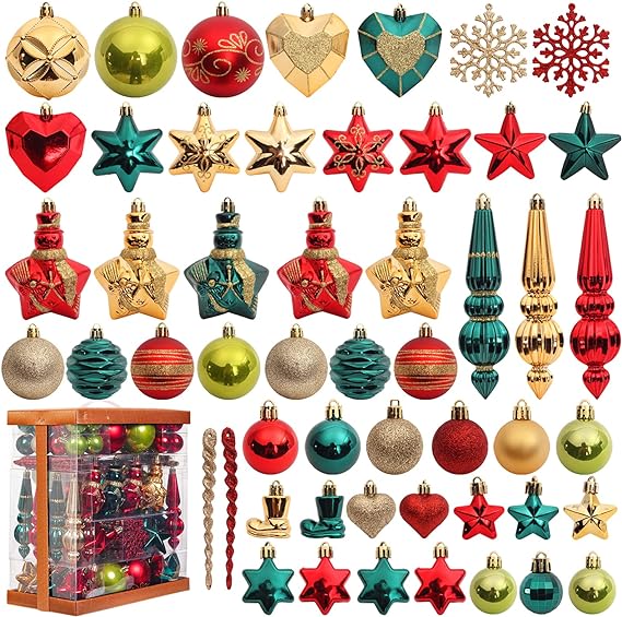 Shatterproof Christmas Tree Ball Ornaments 150pc Assorted Set, Red Gold Green - Decorations for Christmas Party with Pendants Snowflakes Icicles