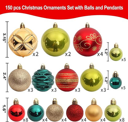 Shatterproof Christmas Tree Ball Ornaments 150pc Assorted Set, Red Gold Green - Decorations for Christmas Party with Pendants Snowflakes Icicles