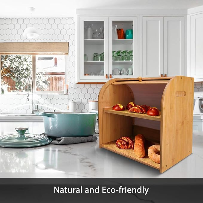 Countertop Bamboo Bread Box Bamboo Bread Box for Kitchen with Extra Large Capacity - 2 Layer Bread Box Storage Set Roll Top