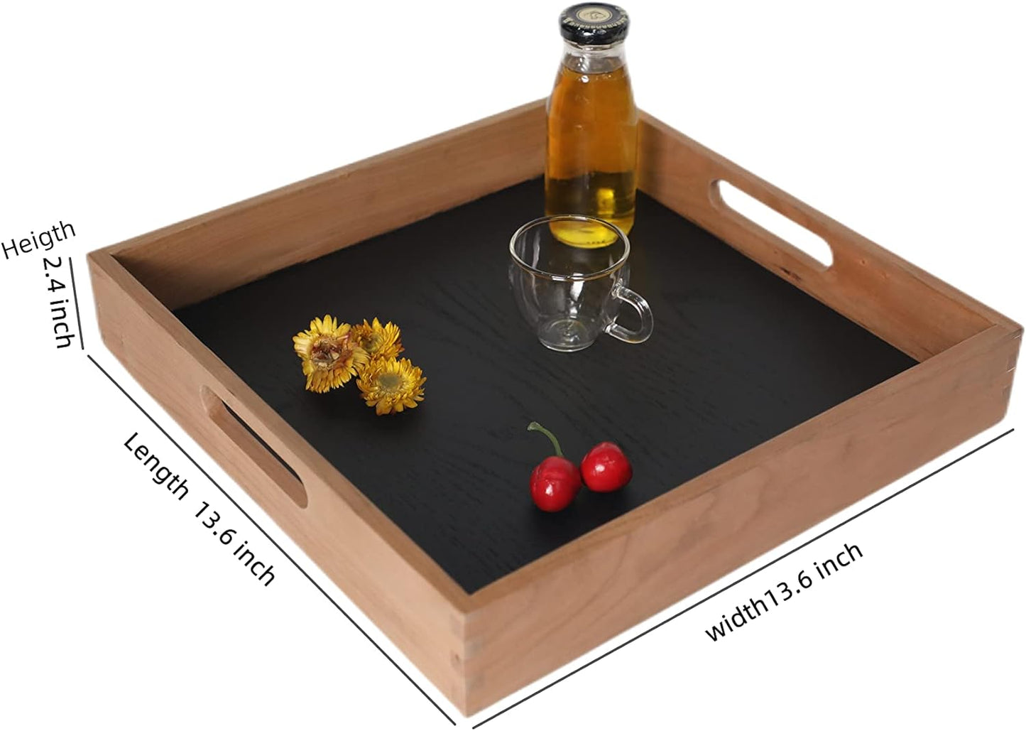 Cherry Wood Square Serving Tray with Handles, for ottoman, decoration, gifts, display, food service, breakfast in bed, Natural/Black (13.6 x 13.6 x 2.4 Inch)