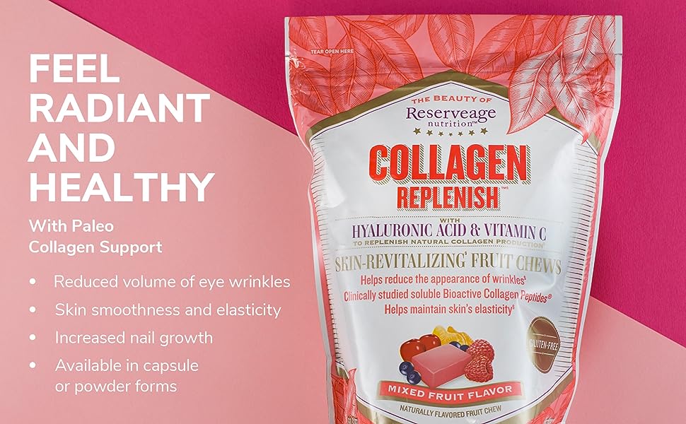 Reserveage Beauty Collagen Replenish Chews for Skin Care Hair & Nail Growth - 60 Soft Chews (20 Servings)