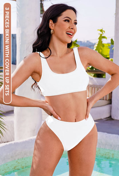 Women's High Waisted 3 Piece Bikini Swimsuit Set with Swimwear Cover Up Beach Skirt (White M)