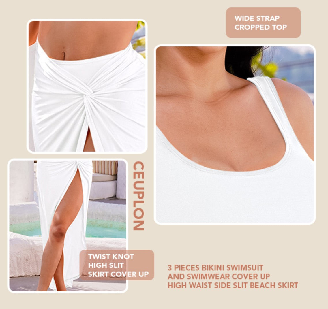 Women's High Waisted 3 Piece Bikini Swimsuit Set with Swimwear Cover Up Beach Skirt (White M)